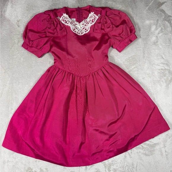 Vintage Jessica McClintock Girls Fuchsia Pink Puff Sleeve Lace Beaded Dress 6X - Picture 1 of 15